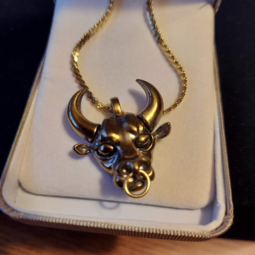 Necklace with Bull Pendant/ Goldtone/ 17" Chain/ 1.25" Pendant.
